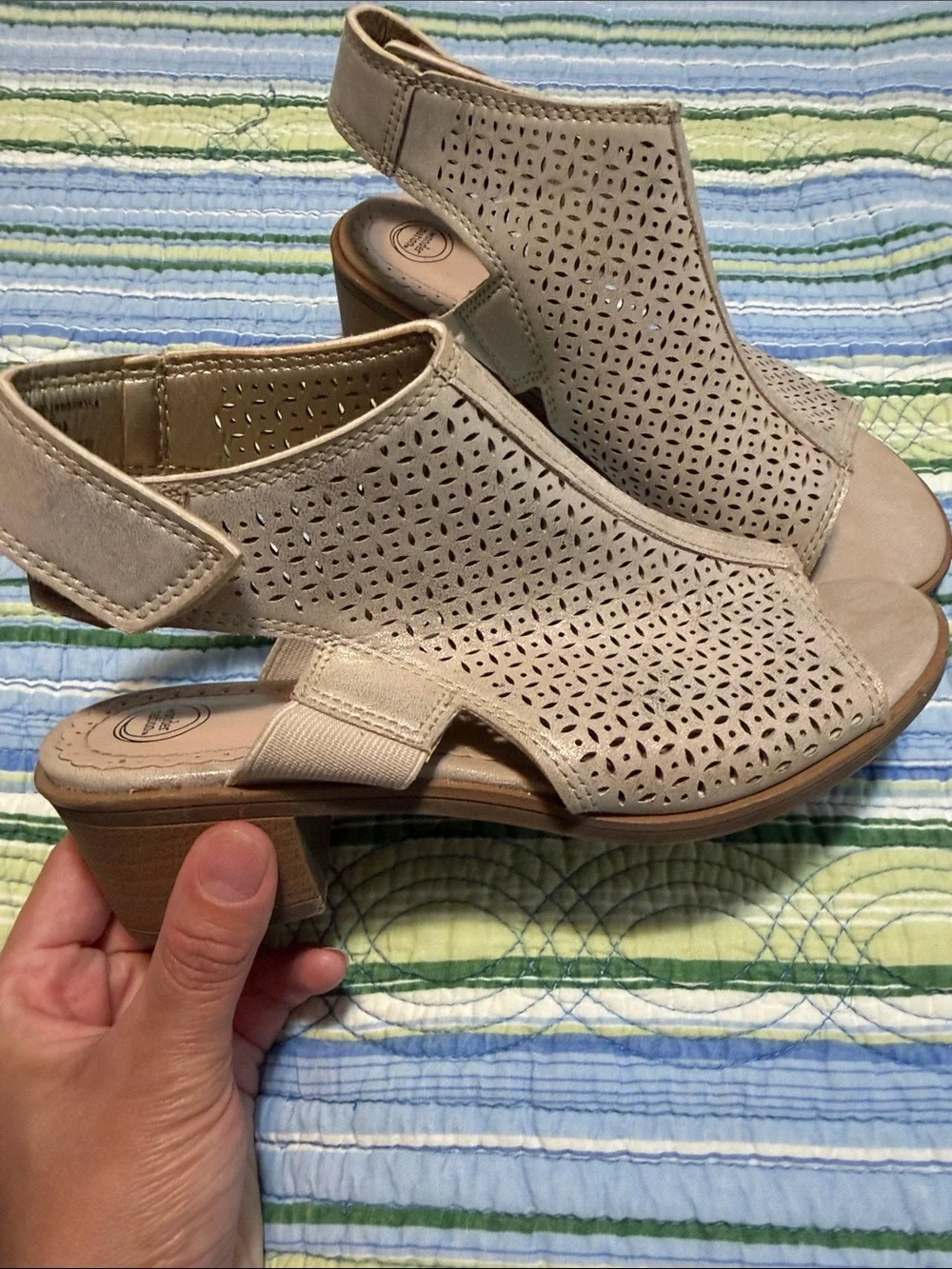 Women’s Taupe Perforated Slingback Sandals with Elastic Strap